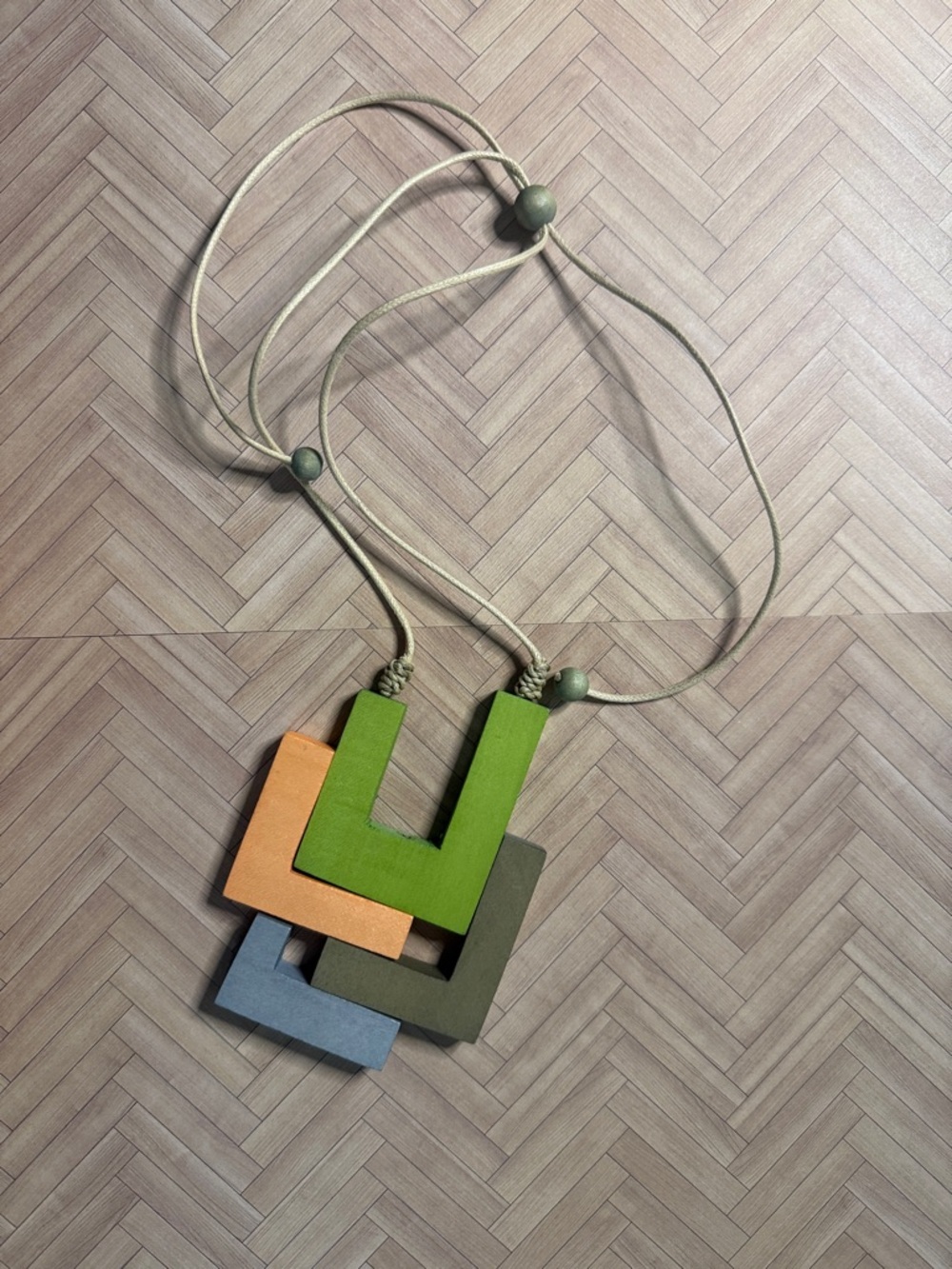 Geometric Wooden Pendant Necklace in Green, Orange, Blue